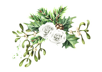 Winter wedding bouquet. Hand drawn watercolor illustration isolated on white background
