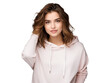 © Omid - portrait of stylish young woman posing with hand in hair, attractive beautiful female in casual hoodie attire