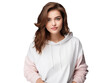 © Omid - portrait of stylish young woman in white hoodie, attractive beautiful female in casual attire