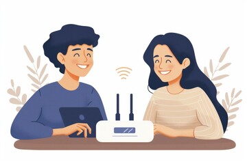 Sticker - Illustration of a couple using a smart home device, highlighting the integration of IoT technology in everyday life