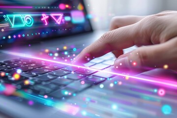 Canvas Print - Young woman using a laptop for cloud computing, highlighted by abstract cloud symbols representing data storage and online services