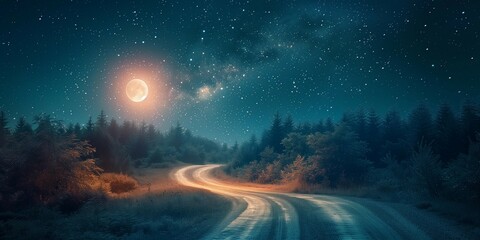 Canvas Print - Moonlit Road through the Woods, generative ai