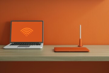 Wall Mural - Minimalist office setup with sleek laptop and router, emphasizing clean design and efficient Wi Fi connectivity