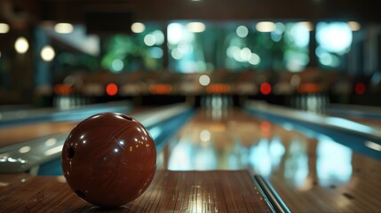 Wall Mural - A bowling ball placed on a rustic wooden table, suitable for sports or leisure concepts
