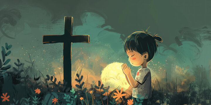 Little Asian child sits praying next to a cross, religious belief, drawing