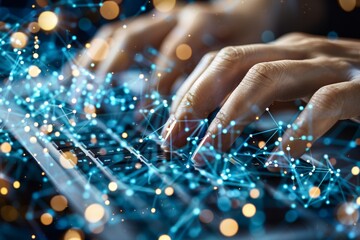 Canvas Print - Close up of hands on a glowing digital network, illustrating the tactile interaction with virtual data and connectivity