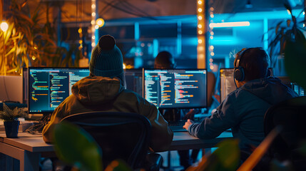 A man in a beard is working on a computer with other people around him