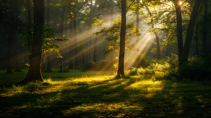 Wall Mural - The sun is shining through the trees, casting a warm glow on the grass