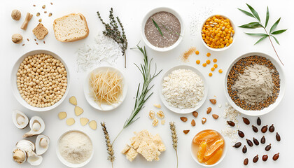 Wall Mural - Different gluten free products on white background, top view