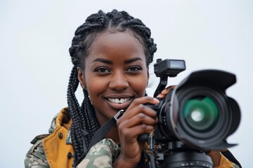 Wall Mural - A black woman is smiling as she holds up her camera, with the lens facing towards us. She is wearing casual attire and has braided hair. The background of the photo shows an open sky
