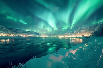 Wall Mural - A breathtaking view of the Northern Lights over snow-covered mountains in Norway, with vibrant green lights dancing above an icy lake and cityscape below. The photo captures the awe-inspiring 