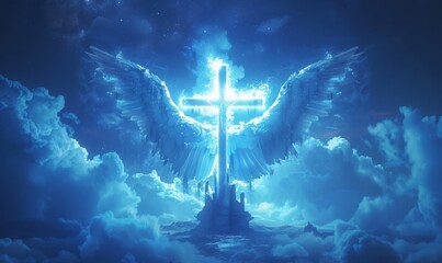 Wall Mural - a bright big angel, a cross that glows with radiance, and another place is the sky for the blue text