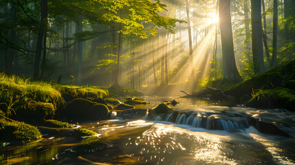 Wall Mural - A stream of water flows through a forest, with sunlight shining on the water