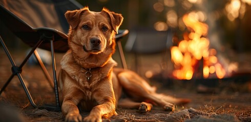 Wall Mural - A brown American dog is lying on the ground next to an outdoor camping chair and bonfire, with warm tones. The background features a large fire pit, creating a cinematic feel with a telephoto lens.