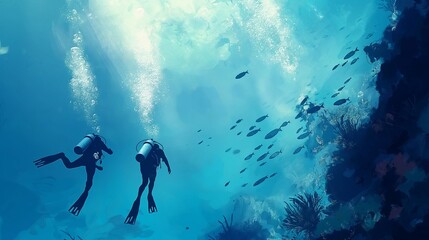 Wall Mural - divers in a bright underwater reef with fish and corals