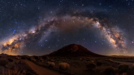 Wall Mural - A large, glowing arc of the Milky Way stretches across the sky