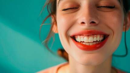 Wall Mural - closeup of smile with white healthy teeth, young woman, dental clinic advertisement