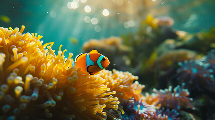 Wall Mural - A clownfish swims in front of a coral reef