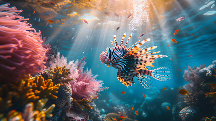 Wall Mural - A fish with a red and white stripe swims in a coral reef