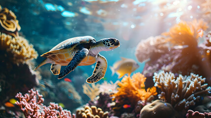 Wall Mural - A turtle swims through a coral reef