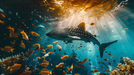 A school of fish swims in the ocean with a large shark in the middle