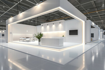 A sleek modern exhibition booth in a large convention center with minimalist design and strategic lighting