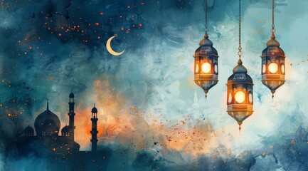 Islamic ramadan kareem banner background with crescent pattern moon star mosque lantern. Vector illustration. Ramadhan lantern blue colorful wide banner design background. white background