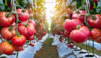 Wall Mural - close up of ripe red tomatoes on a branchin in farm field selective focus organic and non gmo field crop concepts