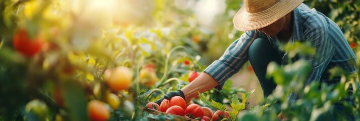 A person wearing a hat is harvesting ripe tomatoes in a sunlit vegetable garden, depicting agriculture and sustainable farming