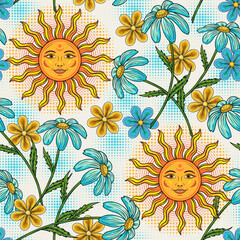 Seamless summer pattern with sun with smiling face, scattered chamomile flower, halftone shapes. Groovy, boho, hippie style, kids design. Peaceful, summer illustration in vintage style