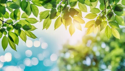 Poster - blurred bokeh portrait background of fresh green spring summer foliage of tree leaves with blue sky and sun flare illustration