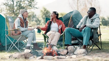 Poster - Friends, smile and camping fire in nature, happy group and holiday or vacation with conversation. Bonfire, adventure and bonding together in outdoor, people and campsite for warm or picnic in park