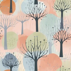 Wall Mural - Seamless geometric watercolor pattern with trees on paper texture. Winter fall forest background