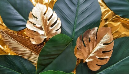 creative nature gold and green background tropical leaf banner or floral jungle pattern concept