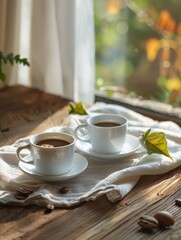 Poster - Two cups of coffee placed on a table. Generative AI