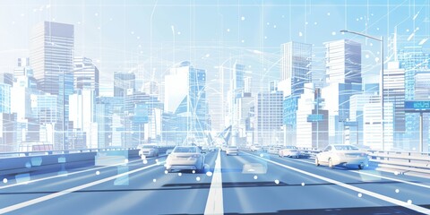 Aufkleber - smart city with digital networks overlaying a busy highway, showcasing innovation in urban planning, smart transportation, and intelligent traffic management, Generative AI