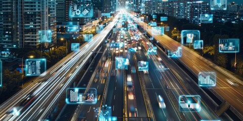 Aufkleber - smart city with digital networks overlaying a busy highway, showcasing innovation in urban planning, smart transportation, and intelligent traffic management, Generative AI