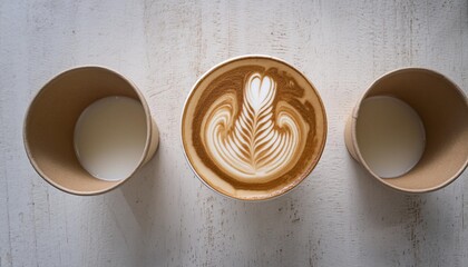 Poster - top view of paper cup mix latte coffee foam white background