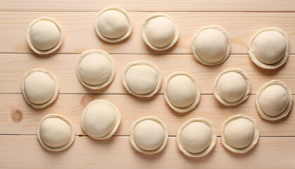Wall Mural - Fresh raw dough for preparing homemade dumplings. Culinary and cooking concept. Close-up.