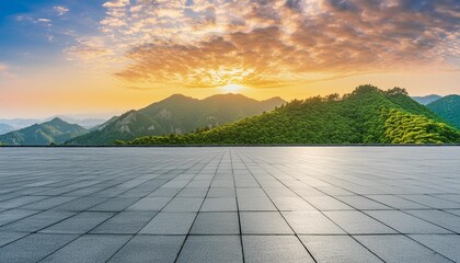 Poster - empty square floor and green mountain with sky clouds at sunset panoramic view