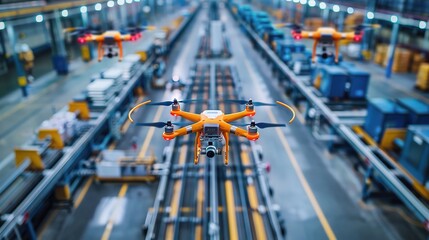 Poster - industrial factory with colorful drones hovering overhead, assisting with inventory management and surveillance