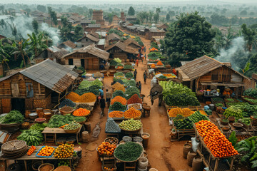 Wall Mural - Aerial view of a bustling marketplace in a rural village. Concept of culture and daily life. Generative Ai.