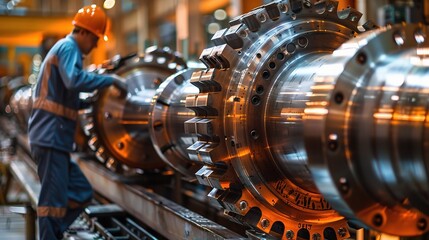 Canvas Print - Industrial machinery maintenance with technicians inspecting and repairing equipment to ensure optimal performance, copy space