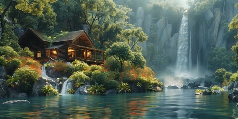 Wall Mural - Waterfall Oasis Cabin, generative ai