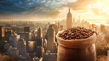 Poster - A sack full of coffee beans placed against the backdrop of a bustling cityscape and urban skyline. Generative AI