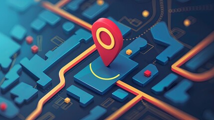 Fototapete - Map with a red pin marking a location for navigation, part of an isometric GPS tracking system. Generative AI