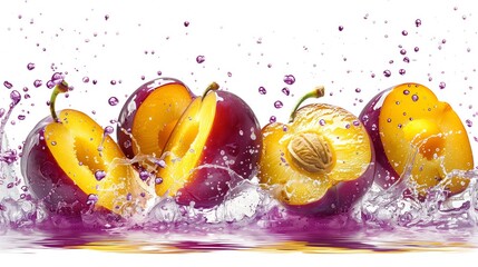 Wall Mural - Photorealistic plum slices and juice splash isolated