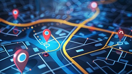 Leinwandbilder - Detailed view of GPS tracking map with location markers, navigational pins, and isometric abstract background. Generative AI