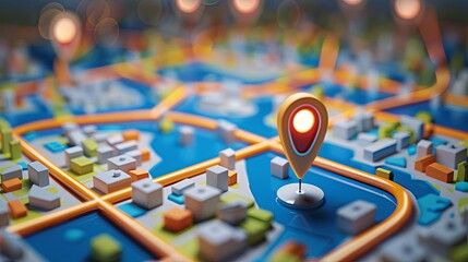 Fototapete - Detailed exploration of an isometric GPS tracking map with a red marker on it. Navigation and location pinpointed on a street map. Generative AI