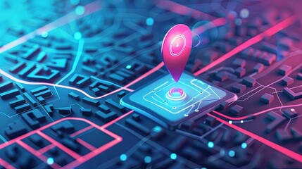 Leinwandbilder - Isometric GPS tracking map showing a red navigation pin on street maps. Abstract digital art background. Generative AI